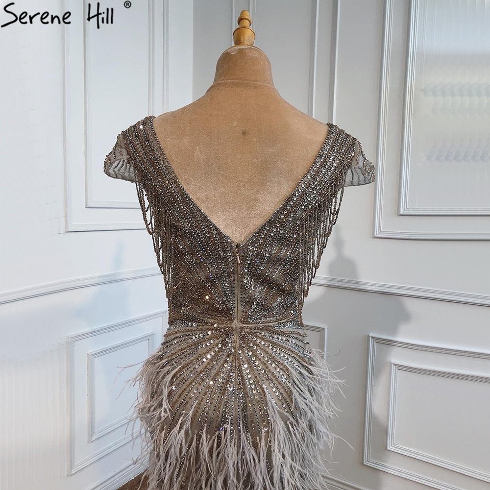 Luxury Brown Mermaid Elegant Beaded Evening Dress Gown with Feathers LA70801 - SERENE HILL