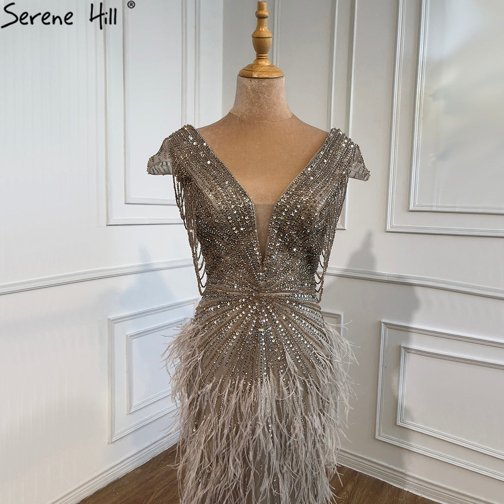 Luxury Brown Mermaid Elegant Beaded Evening Dress Gown with Feathers LA70801 - SERENE HILL