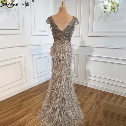Luxury Brown Mermaid Elegant Beaded Evening Dress Gown with Feathers LA70801 - SERENE HILL