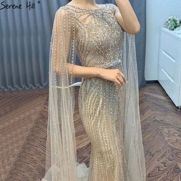 Serene Hill Brown Mermaid Elegant 2025 With Cape Sleeves Beaded Luxury Evening Dresses Gowns For Women Party LA70638