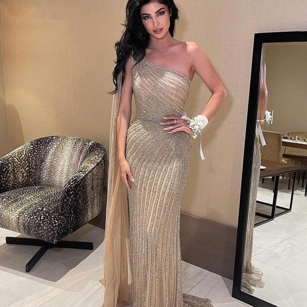 Caramel Mermaid High Split Beaded Evening Dress with Cape Sleeve LA71708