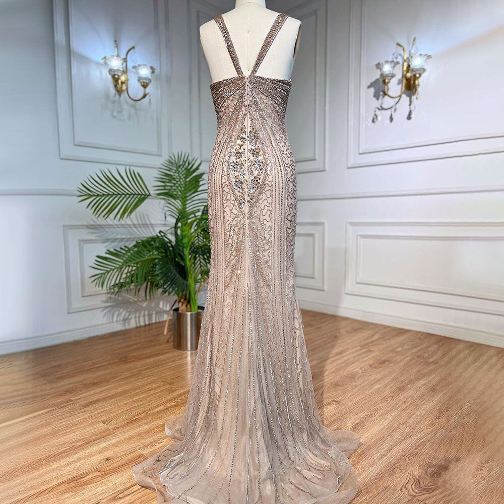 Serene Hill Caramel Mermaid Sexy Spaghetti Straps Beaded Luxury Evening Dresses Gowns For Woman Wedding Party 2025 LA71849 - SERENE HILL