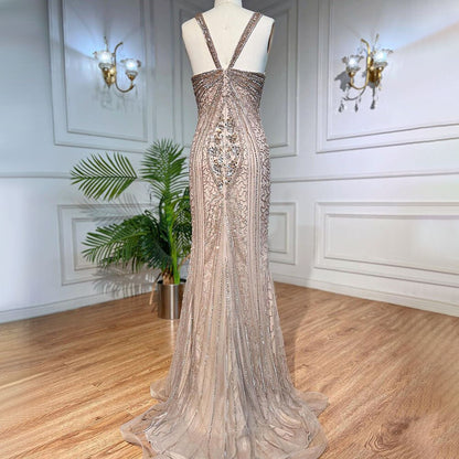 Serene Hill Caramel Mermaid Sexy Spaghetti Straps Beaded Luxury Evening Dresses Gowns For Woman Wedding Party 2025 LA71849 - SERENE HILL