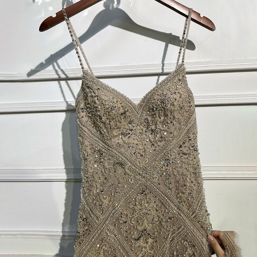 Luxury Feathers Champagne Evening Dresses for Wedding LA72025 - SERENE HILL
