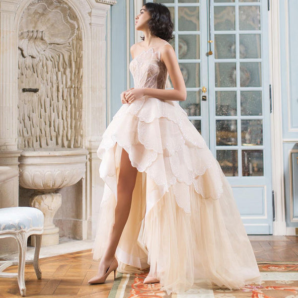 Luxury Dubai Champagne High Low Evening Dress LA71645
