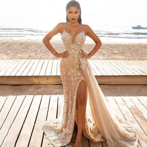 Serene Hill Champagne High Split Evening Dresses Gowns 2025 Mermaid Beaded Elegant Overskirt For Women Party LA71568
