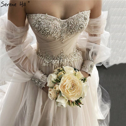 Serene Hill Champagne Lantern Sleeves Sexy Wedding Dresses 2025 Beading Photography Bridal Gowns HA2329 Custom Made - SERENE HILL