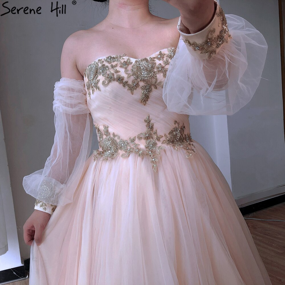 Serene Hill Champagne Lantern Sleeves Sexy Wedding Dresses 2025 Beading Photography Bridal Gowns HA2329 Custom Made - SERENE HILL