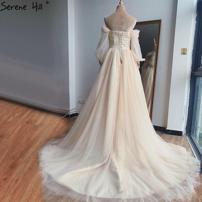 Serene Hill Champagne Lantern Sleeves Sexy Wedding Dresses 2025 Beading Photography Bridal Gowns HA2329 Custom Made - SERENE HILL