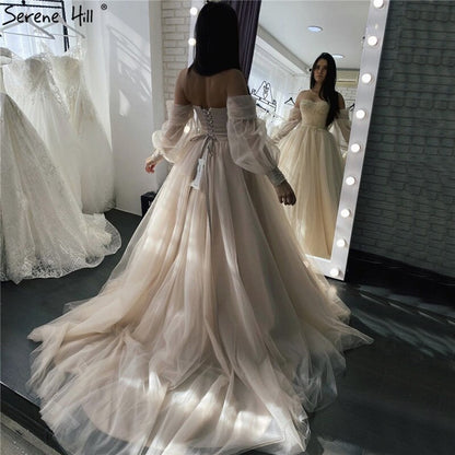 Serene Hill Champagne Lantern Sleeves Sexy Wedding Dresses 2025 Beading Photography Bridal Gowns HA2329 Custom Made - SERENE HILL