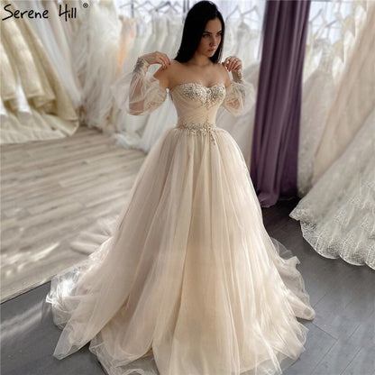 Serene Hill Champagne Lantern Sleeves Sexy Wedding Dresses 2025 Beading Photography Bridal Gowns HA2329 Custom Made - SERENE HILL