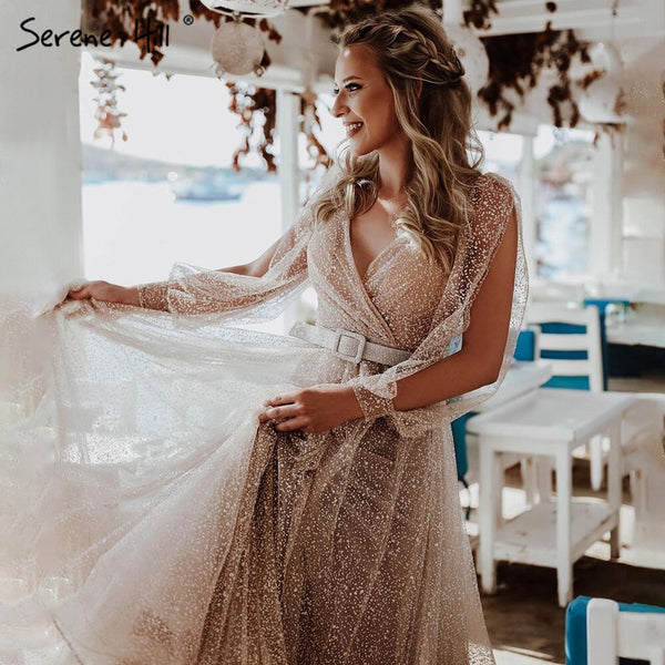 Serene Hill Champagne Latern Sleeve Evening Dresses Gowns 2025 A-Line Beaded Lace For Women Party LA71346