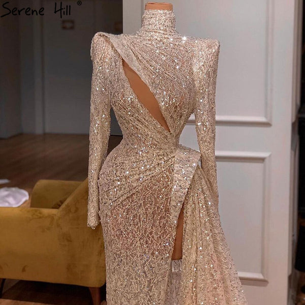 Serene Hill Champagne Luxury Mermaid Evening Dresses Gowns 2025 Beaded Elegant High Split For Women Party LA71255