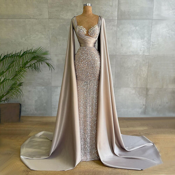 Serene Hill Champagne Mermaid Elegant Cape Sleeves Evening Dresses Gowns 2025 Luxury Beaded For Women Party LA71675