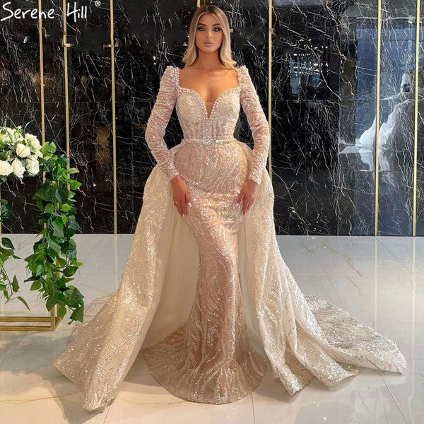 Serene Hill Champagne Mermaid Luxury Evening Dresses Gowns 2025 Elegant With Overskirt  For Women Party LA71404