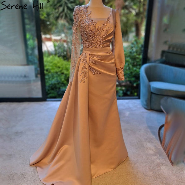 Serene Hill Champagne Mermaid Overskirt Evening Dresses Gowns 2025 Elegant Beaded Satin  For Women Party LA71430