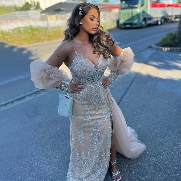 Serene Hill Champagne Mermaid Sexy Spaghetti Straps High Split Overskirt Evening Dresses Gowns Luxury Beaded 2025 LA71727
