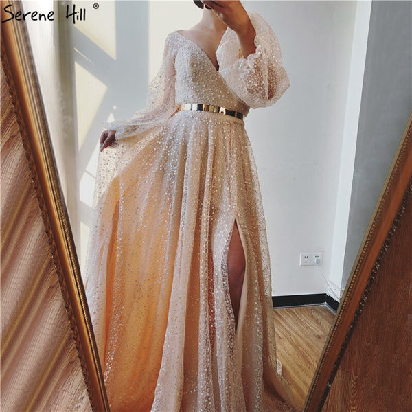 Serene Hill Champagne V-Neck  Latern Sleeve  Beach High Split  Evening Dresses Gowns  2025 A-Line  Lace  Formal Dress LA70194