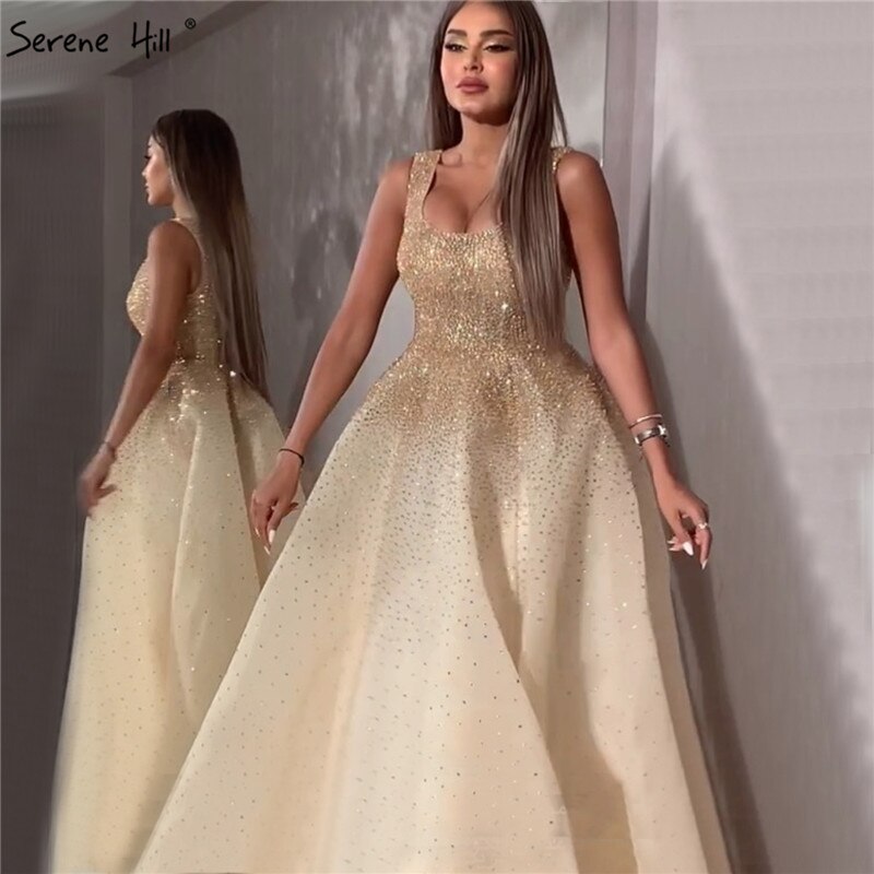 Serene Hill Champange A-Line Crystal Beaded Sexy Lace Up Luxury Dubai Evening Dresses Gowns For Women Wedding Party LA70232 - SERENE HILL