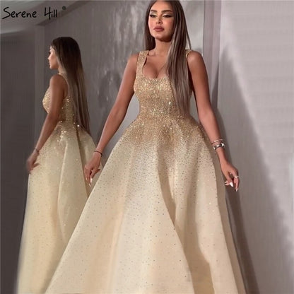 Serene Hill Champange A-Line Crystal Beaded Sexy Lace Up Luxury Dubai Evening Dresses Gowns For Women Wedding Party LA70232 - SERENE HILL