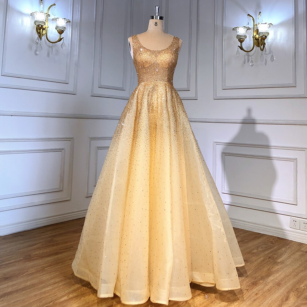 Serene Hill Champange A-Line Crystal Beaded Sexy Lace Up Luxury Dubai Evening Dresses Gowns For Women Wedding Party LA70232 - SERENE HILL