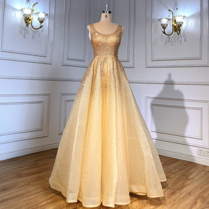 Serene Hill Champange A-Line Crystal Beaded Sexy Lace Up Luxury Dubai Evening Dresses Gowns For Women Wedding Party LA70232 - SERENE HILL