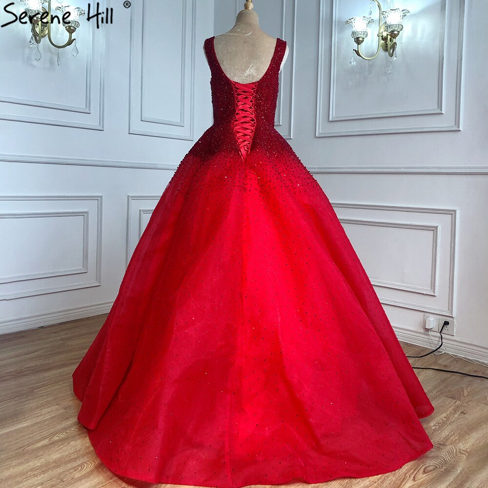Serene Hill Champange A-Line Crystal Beaded Sexy Lace Up Luxury Dubai Evening Dresses Gowns For Women Wedding Party LA70232 - SERENE HILL
