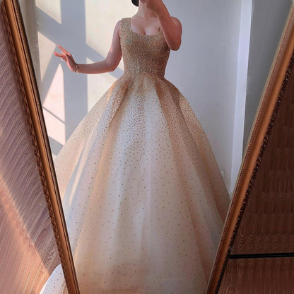 Serene Hill Champange A-Line Crystal Beaded Sexy Lace Up Luxury Dubai Evening Dresses Gowns For Women Wedding Party LA70232 - SERENE HILL
