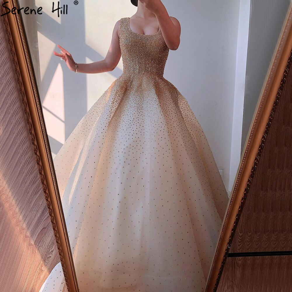 Serene Hill Champange A-Line Crystal Beaded Sexy Lace Up Luxury Dubai Evening Dresses Gowns For Women Wedding Party LA70232 - SERENE HILL