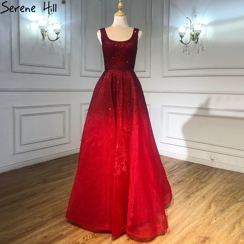 Serene Hill Champange A-Line Crystal Beaded Sexy Lace Up Luxury Dubai Evening Dresses Gowns For Women Wedding Party LA70232 - SERENE HILL