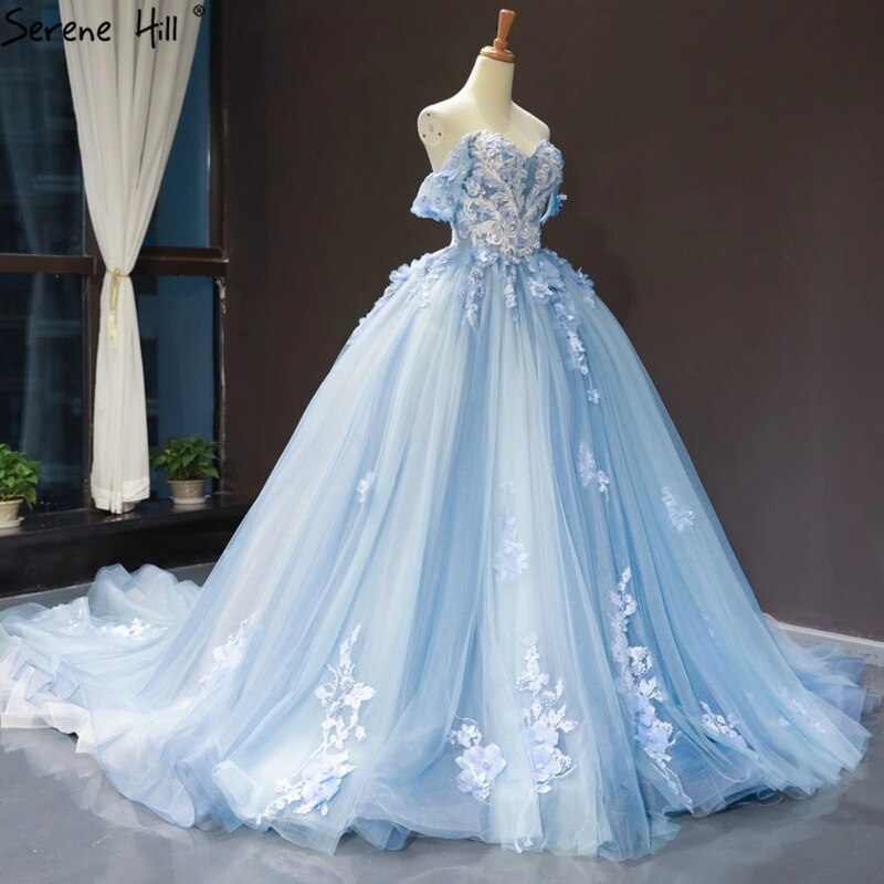 Serene Hill Clear Water Blue Evening Gowns 2025 Sleeveless Handmade Flowers Diamonds Formal Dress HM66706 - SERENE HILL