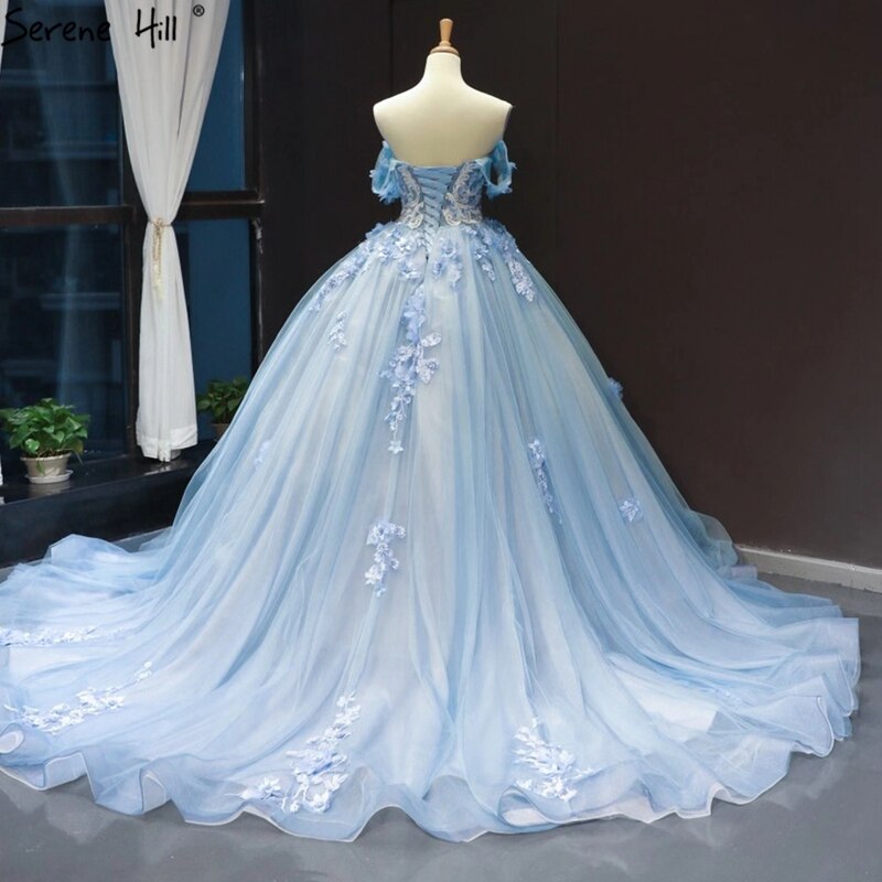 Serene Hill Clear Water Blue Evening Gowns 2025 Sleeveless Handmade Flowers Diamonds Formal Dress HM66706 - SERENE HILL