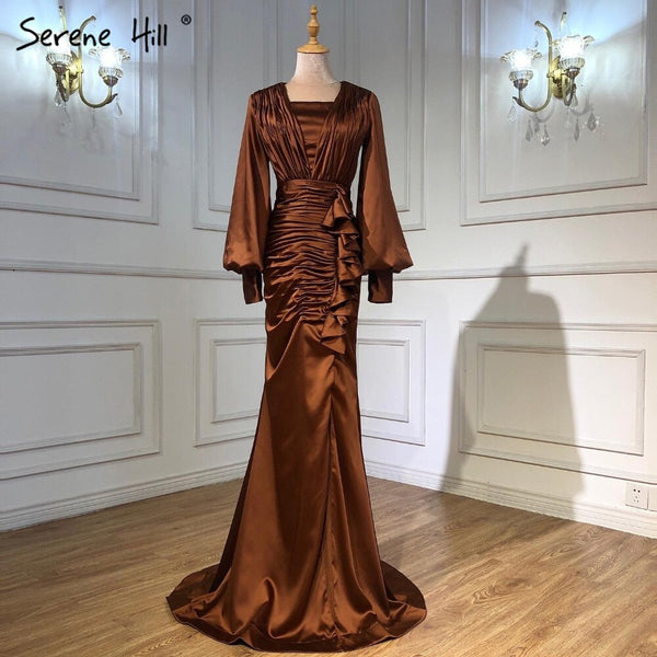 Serene Hill Coffee Satin Pleat Evening Dresses Gowns 2025 Mermaid Elegant Lantern Sleeve For Women Party LA71274
