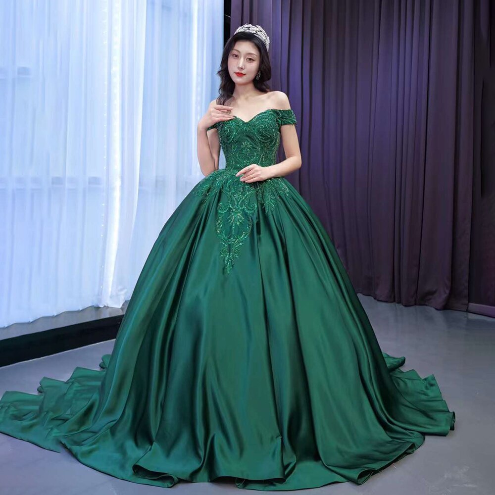Serene Hill Dark Green High End Sexy Off Shoulder Luxury Lace Beaded Lace Up Bride Gowns Wedding Dress 2025 Custom Made HM67533 - SERENE HILL
