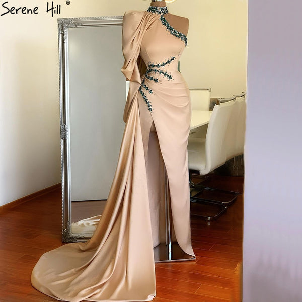 Serene Hill Designer Soft Satin Champagne One Shoulder Mermaid  High Split Evening Dresses Gowns 2025 For Women Party LA70877