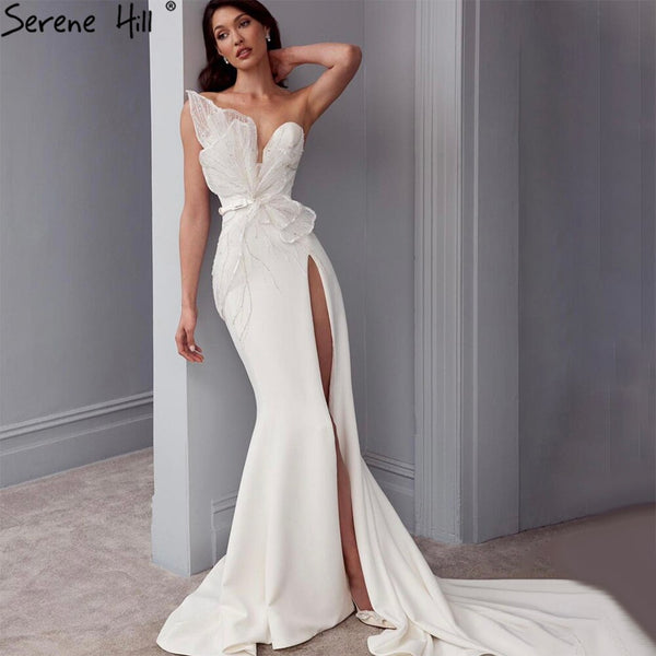 Serene Hill  Designer White Satin Beaded Split  Evening Dresses Gowns 2025 Mermaid Elegant =Sexy For Women Party HM67188