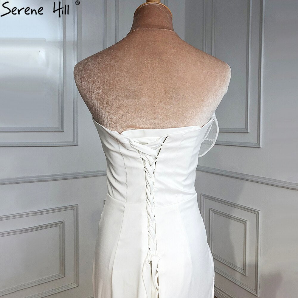 Serene Hill Designer White Satin Beaded Split Evening Dresses Gowns 2025 Mermaid Elegant =Sexy For Women Party HM67188 - SERENE HILL
