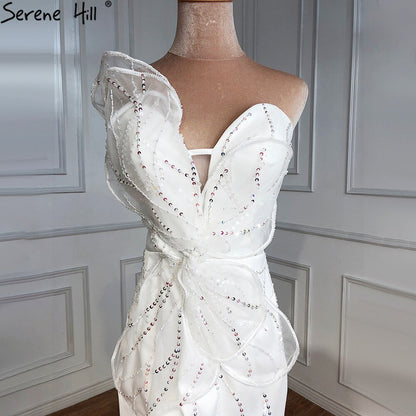 Serene Hill Designer White Satin Beaded Split Evening Dresses Gowns 2025 Mermaid Elegant =Sexy For Women Party HM67188 - SERENE HILL
