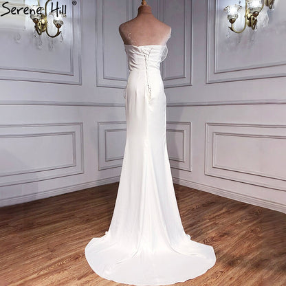 Serene Hill Designer White Satin Beaded Split Evening Dresses Gowns 2025 Mermaid Elegant =Sexy For Women Party HM67188 - SERENE HILL