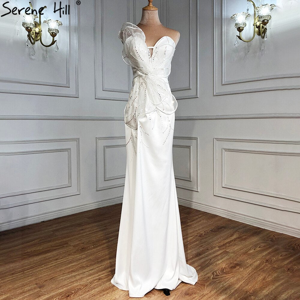 Serene Hill Designer White Satin Beaded Split Evening Dresses Gowns 2025 Mermaid Elegant =Sexy For Women Party HM67188 - SERENE HILL