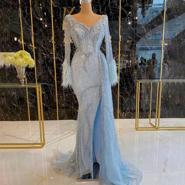 Serene Hill Dubai Blue Mermaid Feather Pearls Long Sleeves V-Neck Luxury Evening Dresses Gowns For Women Party 2025  2025 LA70533