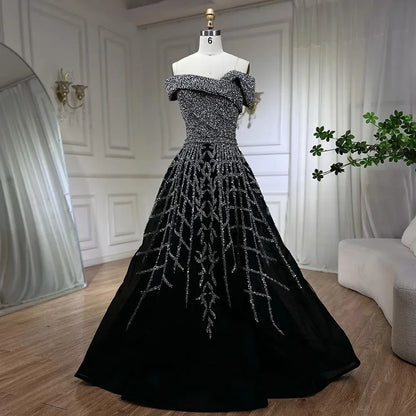 Serene Hill Elegant Black Beaded A-Line Evening Gown 2025 - Off-Shoulder Luxury Dress for Women - Long Party Dress LA72224 - SERENE HILL