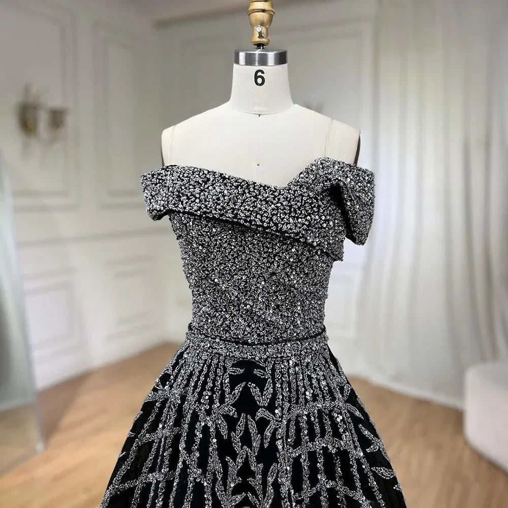 Serene Hill Elegant Black Beaded A-Line Evening Gown 2025 - Off-Shoulder Luxury Dress for Women - Long Party Dress LA72224 - SERENE HILL