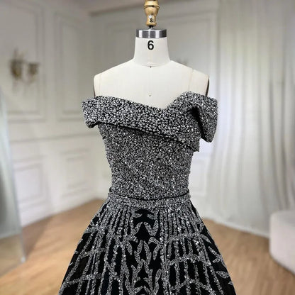 Serene Hill Elegant Black Beaded A-Line Evening Gown 2025 - Off-Shoulder Luxury Dress for Women - Long Party Dress LA72224 - SERENE HILL