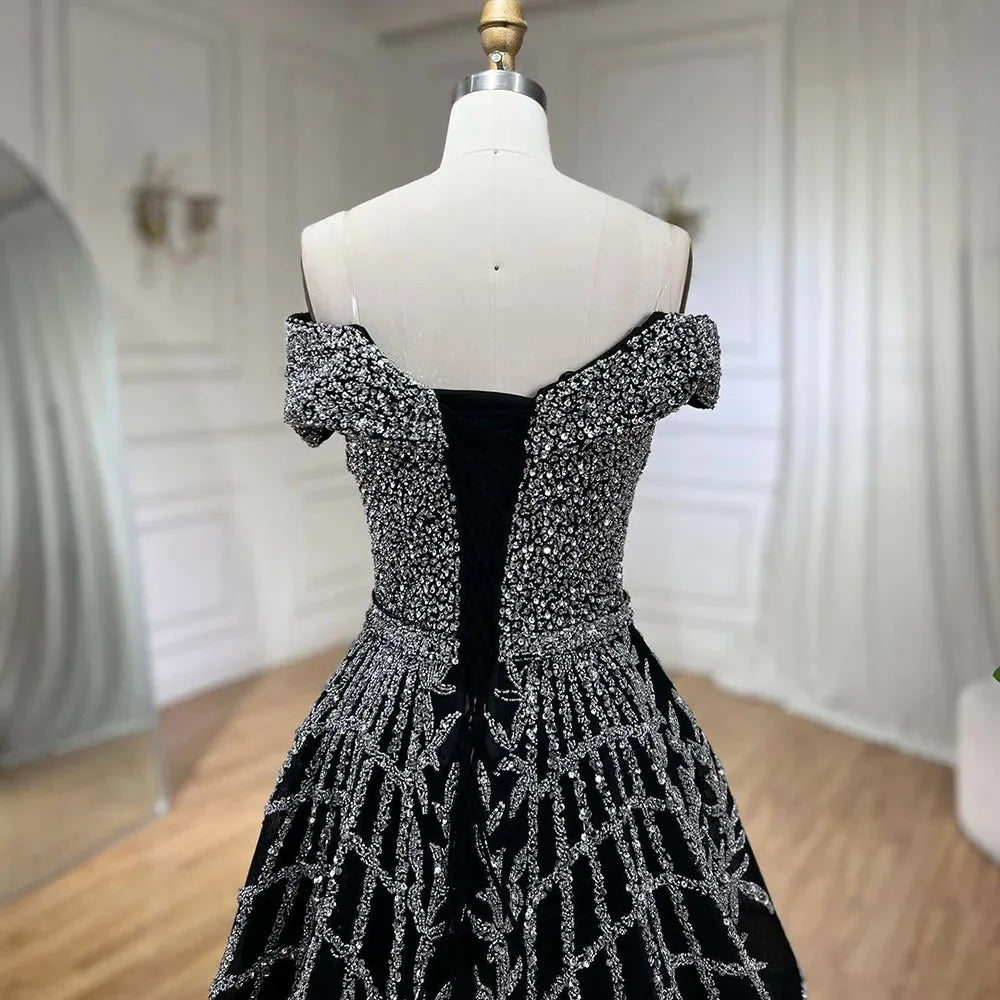 Serene Hill Elegant Black Beaded A-Line Evening Gown 2025 - Off-Shoulder Luxury Dress for Women - Long Party Dress LA72224 - SERENE HILL
