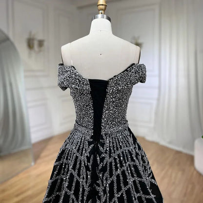 Serene Hill Elegant Black Beaded A-Line Evening Gown 2025 - Off-Shoulder Luxury Dress for Women - Long Party Dress LA72224 - SERENE HILL