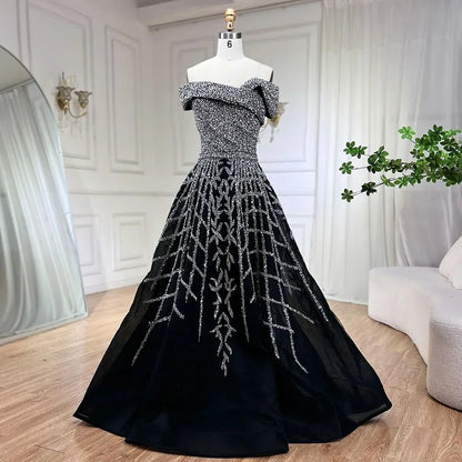 Serene Hill Elegant Black Beaded A-Line Evening Gown 2025 - Off-Shoulder Luxury Dress for Women - Long Party Dress LA72224 - SERENE HILL