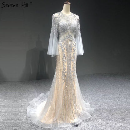 Serene Hill Elegant Grey Mermaid Luxury Long Sleeves 2025 Beading Party Wear Fromal Evening Dress Gowns For Women LA70289 - SERENE HILL