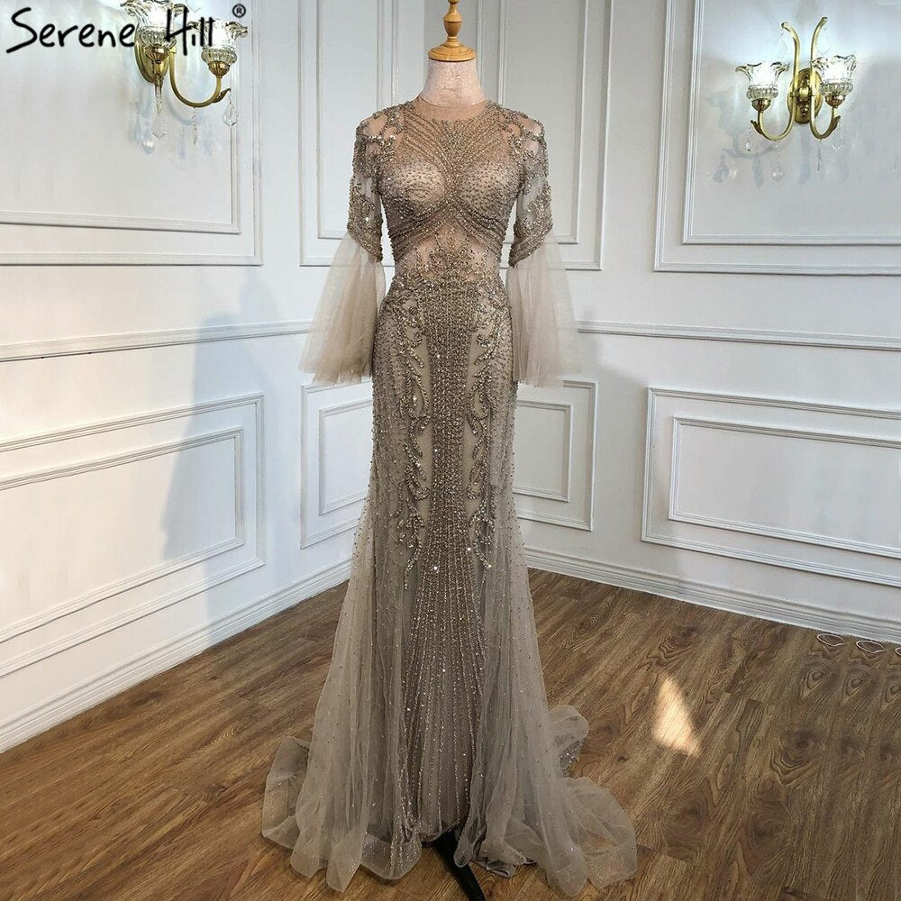 Serene Hill Elegant Grey Mermaid Luxury Long Sleeves 2025 Beading Party Wear Fromal Evening Dress Gowns For Women LA70289 - SERENE HILL
