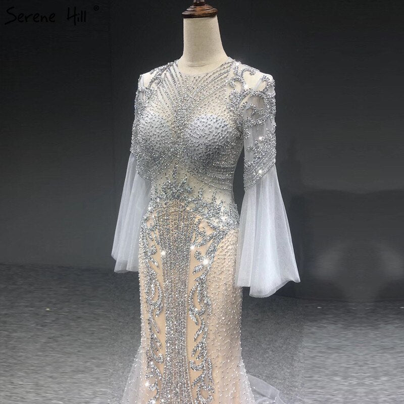 Serene Hill Elegant Grey Mermaid Luxury Long Sleeves 2025 Beading Party Wear Fromal Evening Dress Gowns For Women LA70289 - SERENE HILL